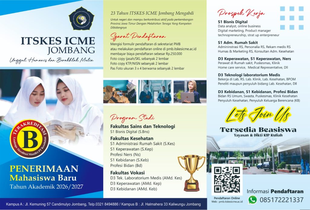 Segera daftar di Penerimaan Mahasiswa Baru Gelombang 2 ITKes ICMe Jombang. Kampus kesehatan unggul dengan beasiswa KIP Kuliah. Daftar!