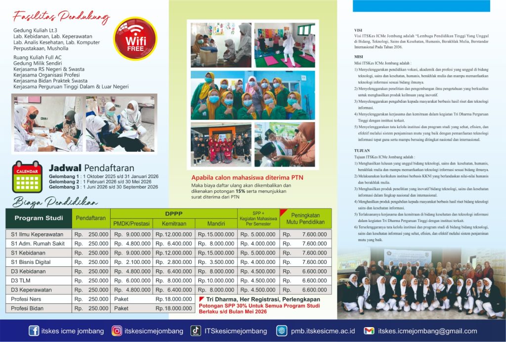 Segera daftar di Penerimaan Mahasiswa Baru Gelombang 2 ITKes ICMe Jombang. Kampus kesehatan unggul dengan beasiswa KIP Kuliah. Daftar sekarang!